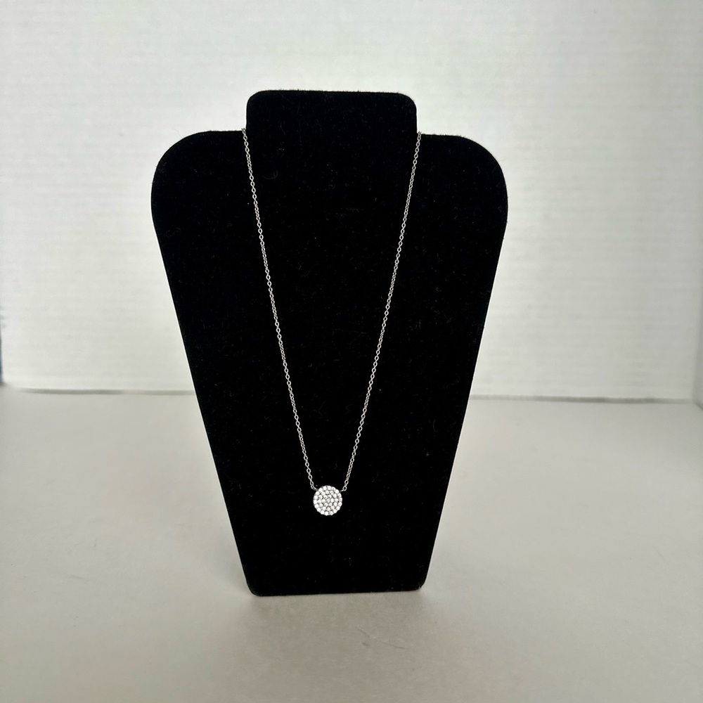 Dainty Sterling & Crystal Pave Coin Circle Pendant 18” Chain Necklace